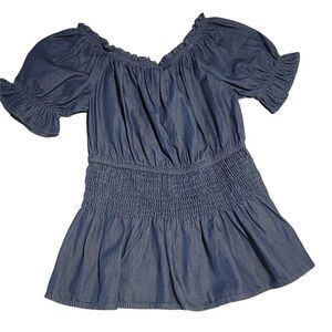 New Glory Girls Blue Dark Wash Off The Shoulder Denim Blouse Top Size Medium